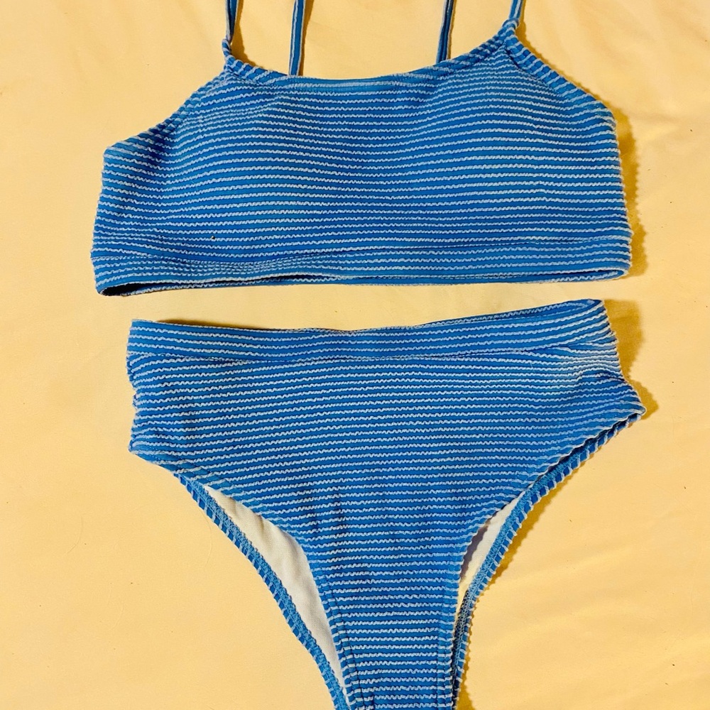 SHEIN Blue and White Bikini Set with Ribbed Texture